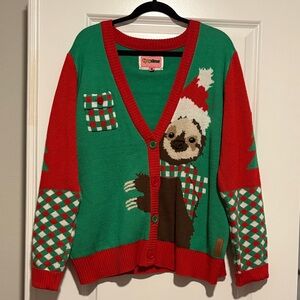 Tipsy Elves Red and Green Sloth Christmas Cardigan unisex XL